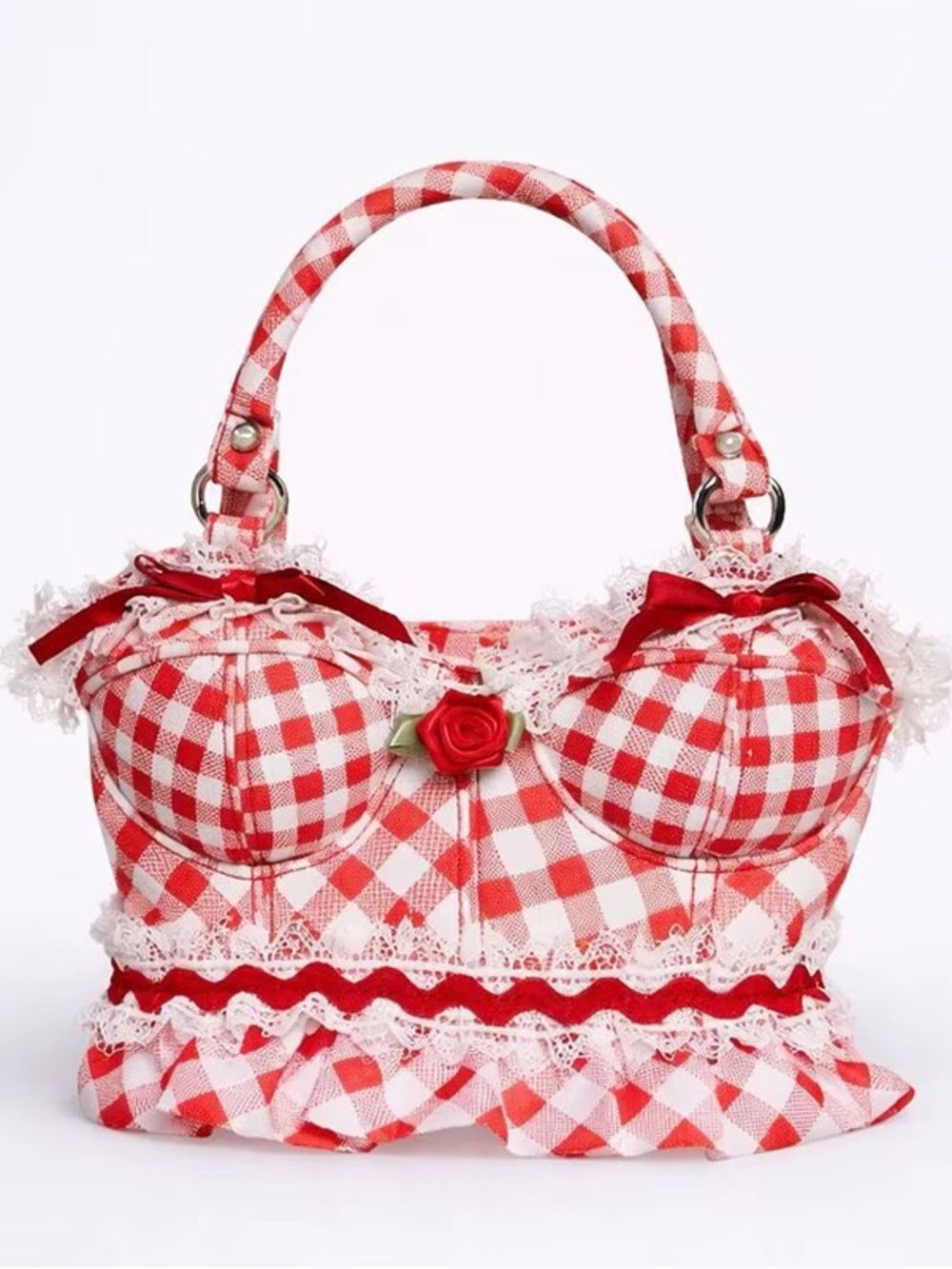 Red Gingham Rose Accent Women's Handbag